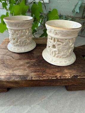 Lenox Ivory China Pierced Lattice Votive Set - Pair of 2 - 24k Gold Trim - MINT